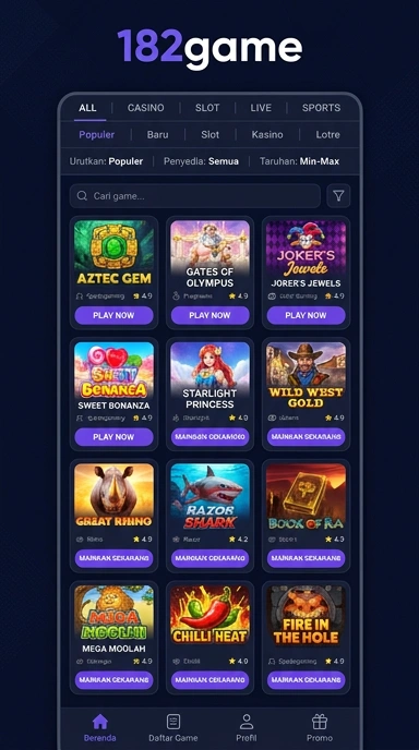 Tampilan halaman daftar 182game